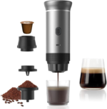 Portable Coffee Maker Espresso Machine, Travel Camping Coffee Makers, Mini Battery Portable Espresso Self-Heating Car Coffee Maker with Ground Coffee & NS Capsule